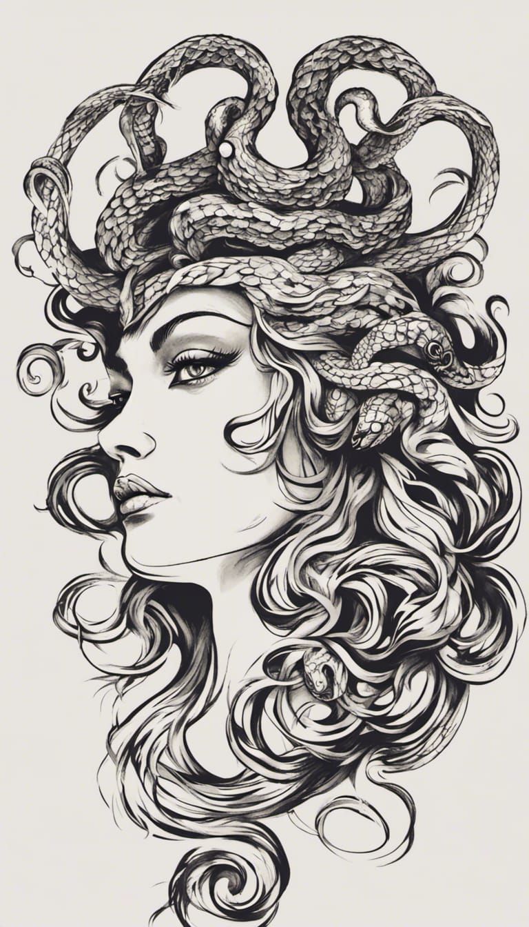 Medusa Portrait in Tattoo Art Style