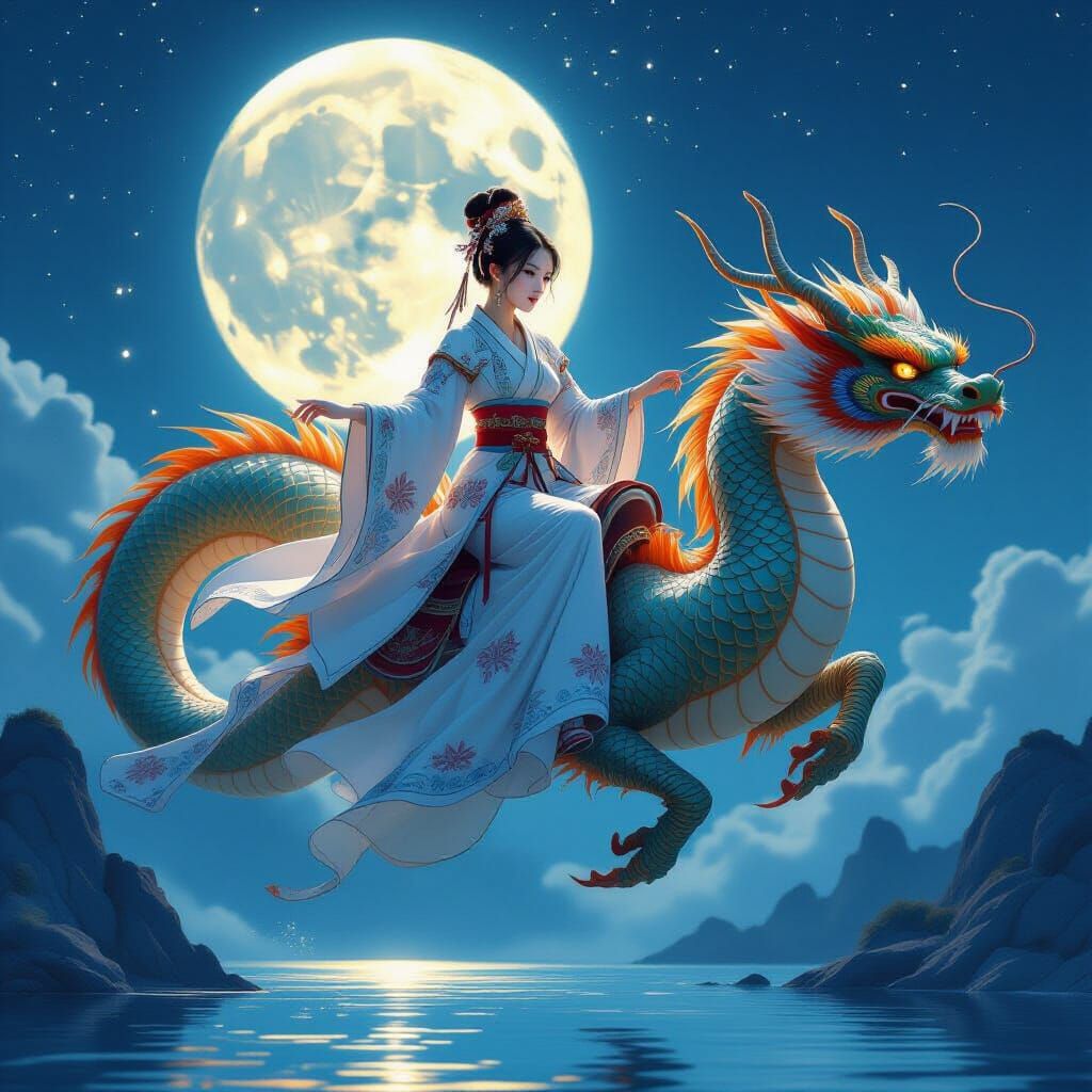 Girl on Dragon Soaring Through Moonlit Sky