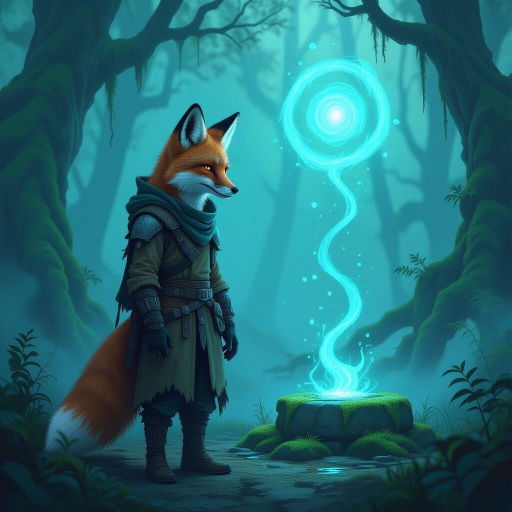 Cybernetic Fox in Bioluminescent Prehistoric Forest