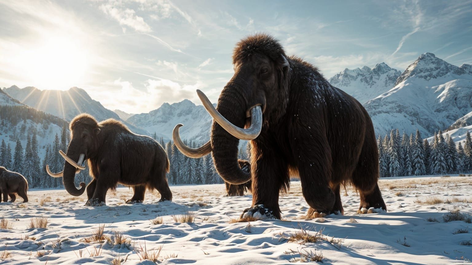 Woolly Mammoths in Snowy Meadow: Cinematic Film Still