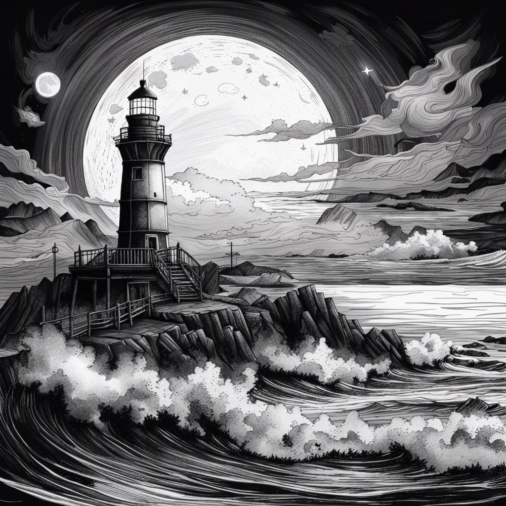 Black and white ink lighthouse