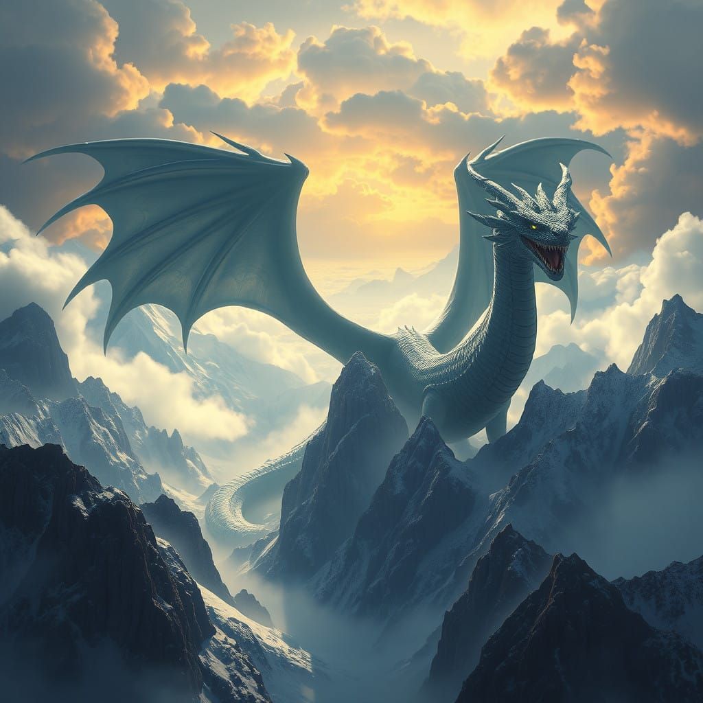 Majestic Dragon Dominates Snow-Capped Mountains in Cyberpunk...