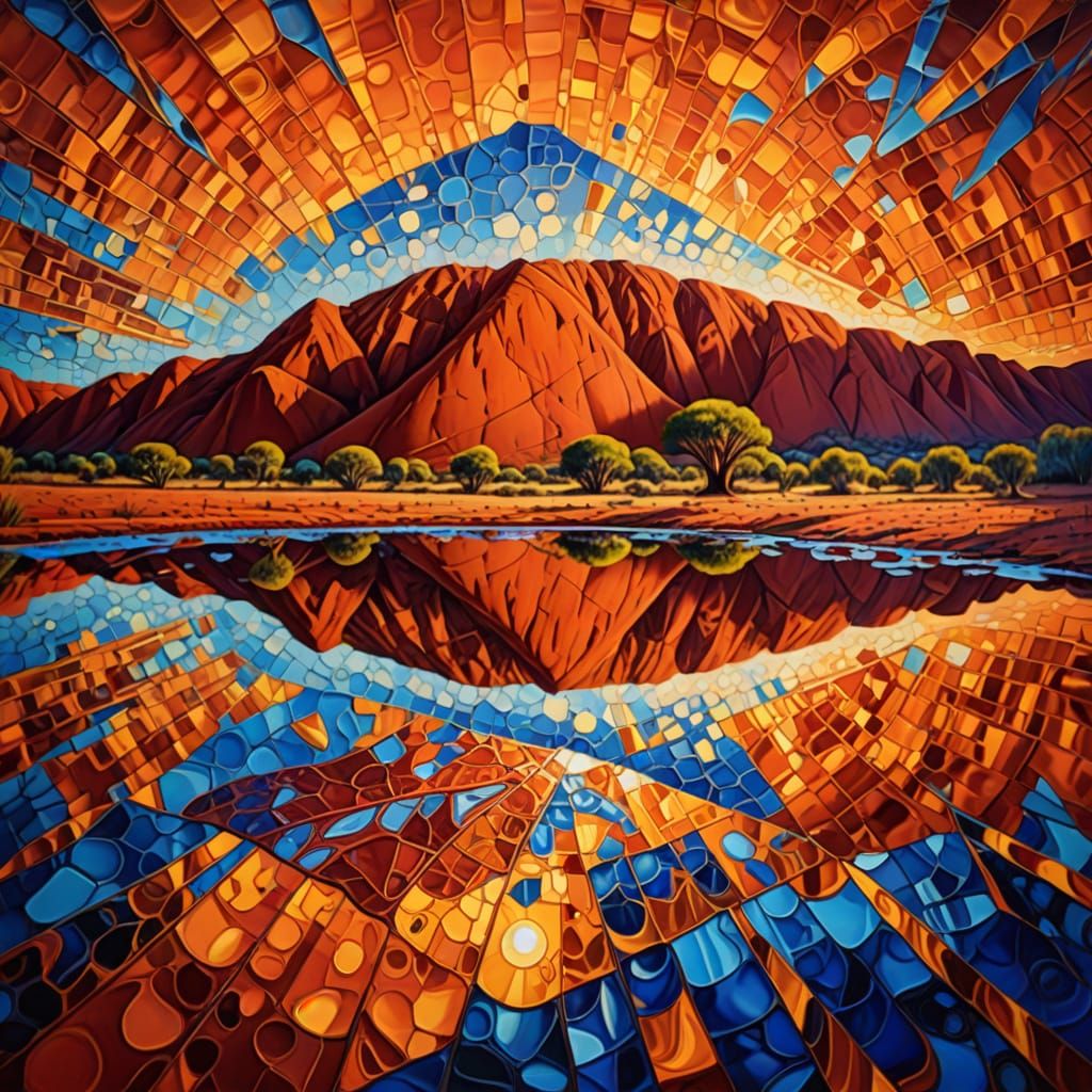 Uluru Reflected in Kaleidoscope Patterns as Oil Painting