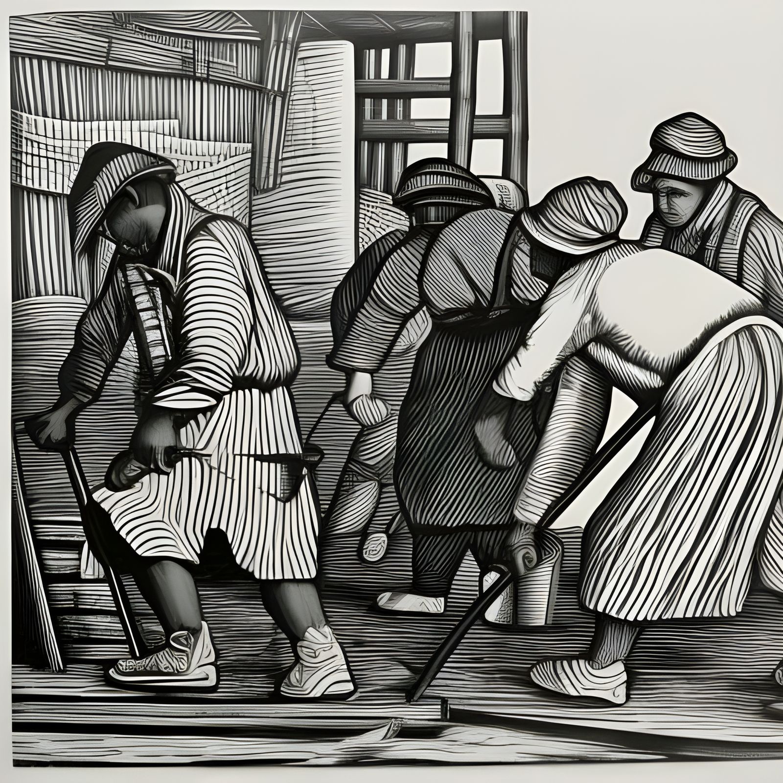 Checkered Workers Forging in Linocut Charcoal Style