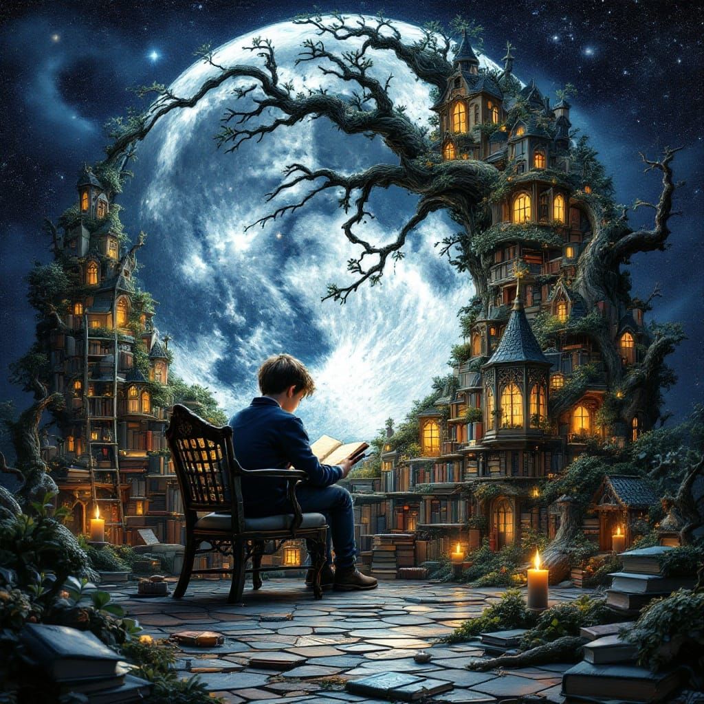 Surreal Library Scene within the Silver Moon