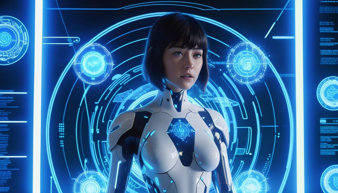 Woman Interfacing with AI in Futuristic White Environment