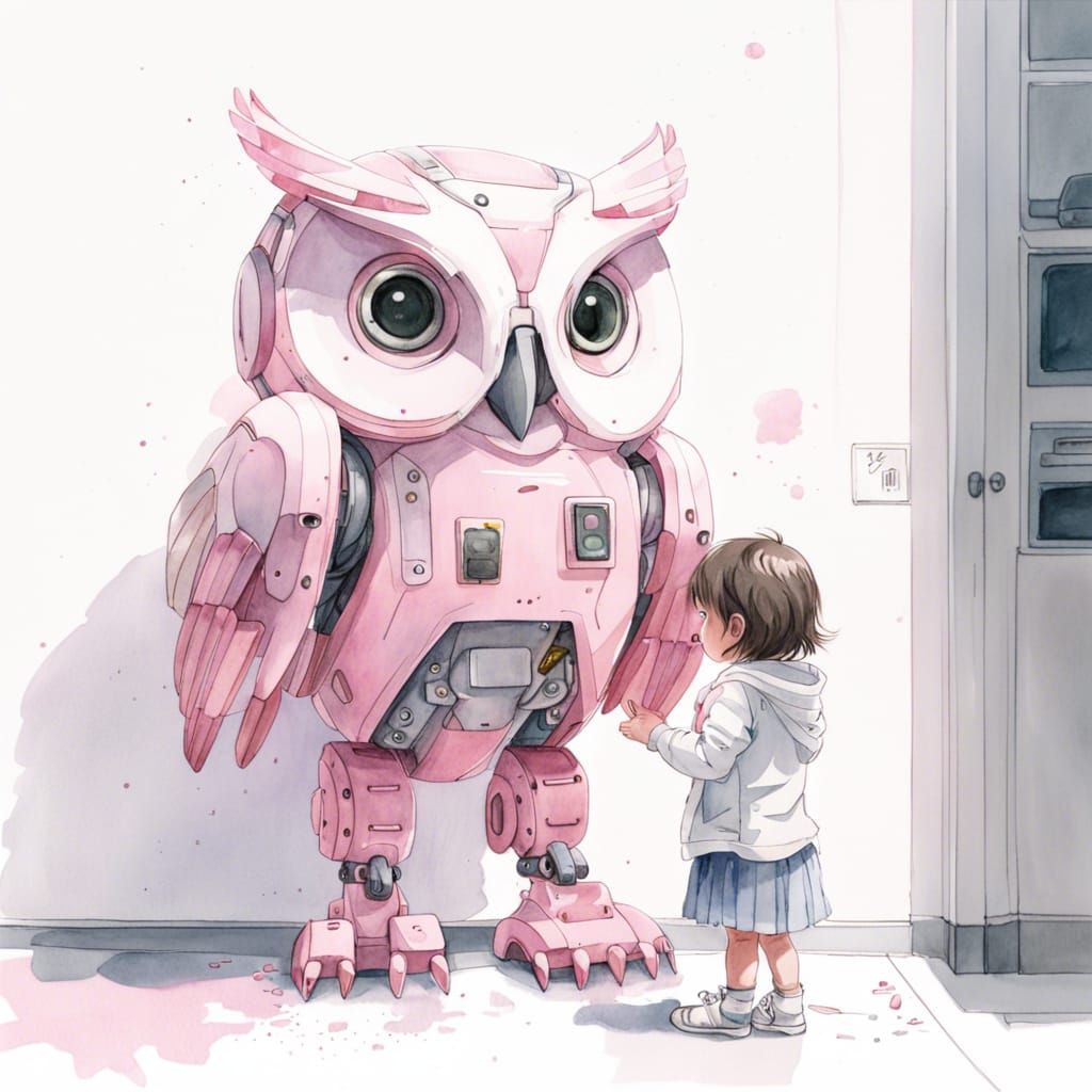 Anime Toddler and Pink Robot in Watercolor Style
