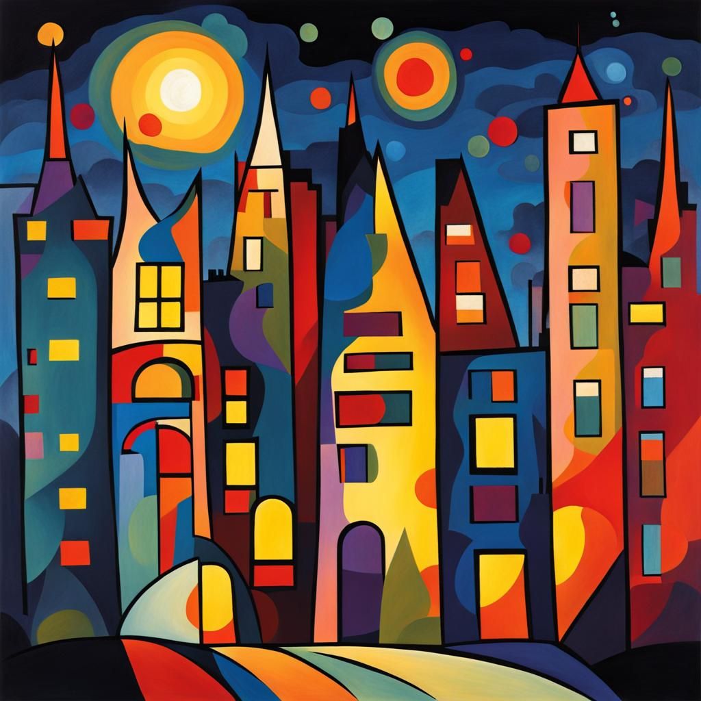 Abstract Cityscape at Night: Kandinsky Style