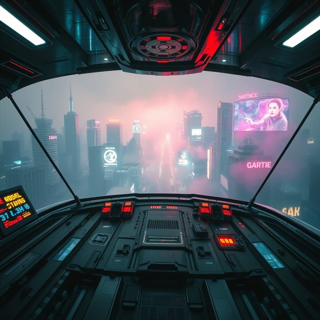 Cyberpunk Spaceship Cockpit with Neon Holographic Displays