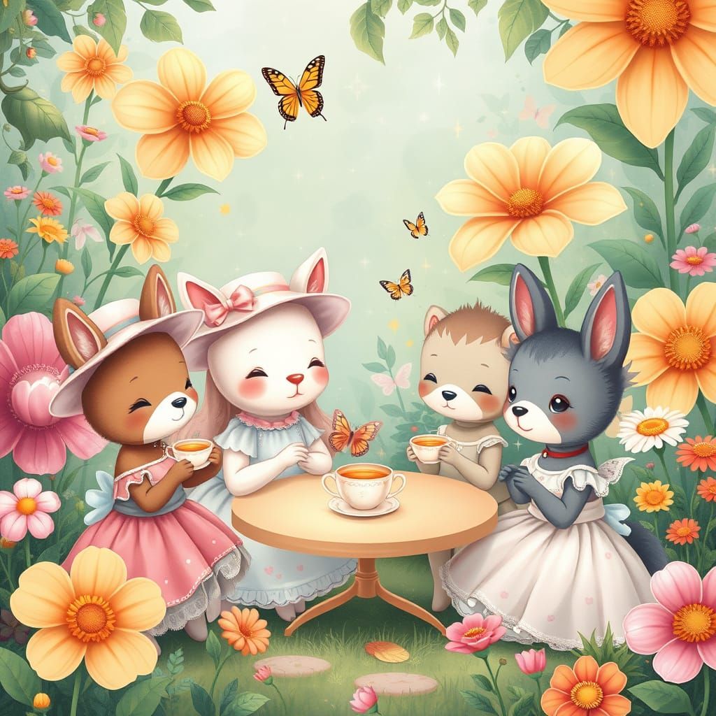 Charming Cartoon Animals Tea Party in Kawaii Style