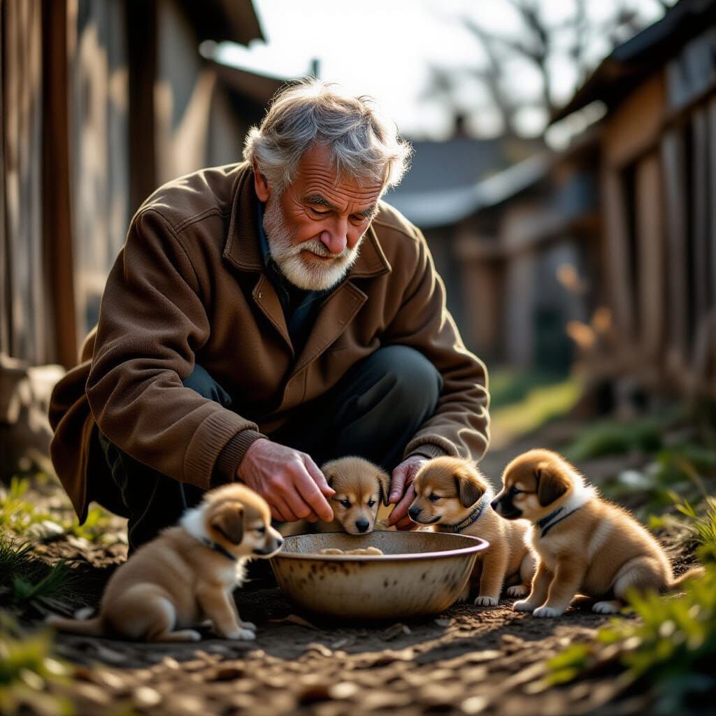 Elderly Man Gently Feeds Abandoned Puppies in Dramatic Light