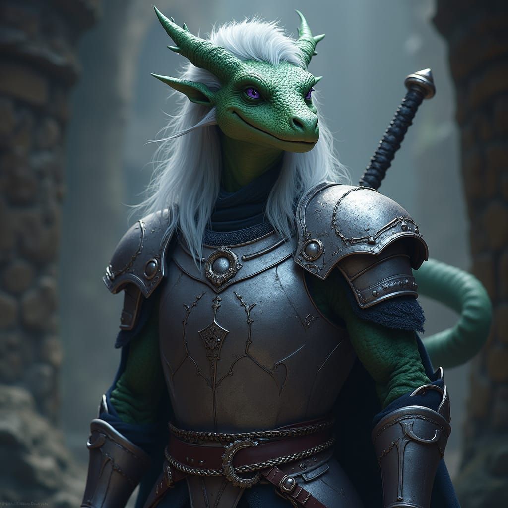 Surreal Paladin Dragonborn in Dark Dungeon