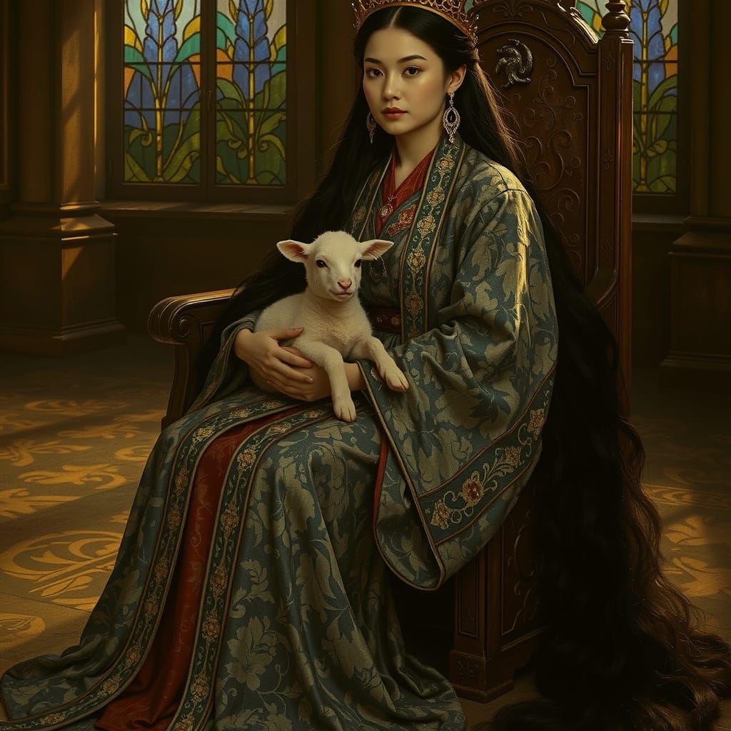 Regal Chinese Princess with Lamb in Pre-Raphaelite Style