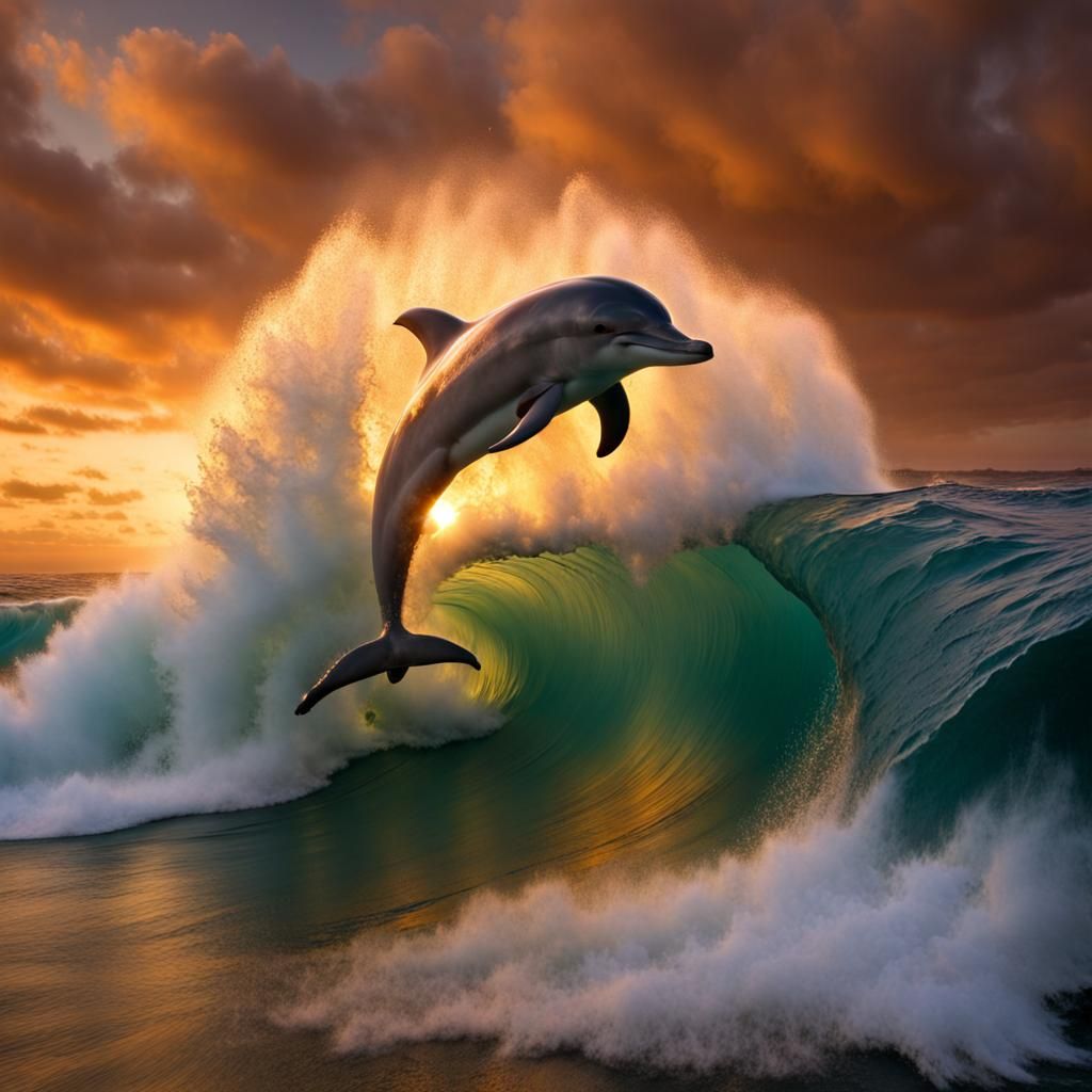 Dolphin Leaping Through Sunset Wave