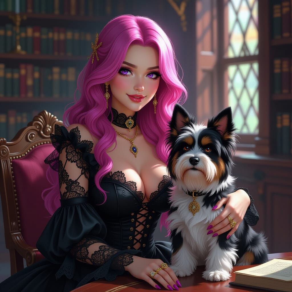Gothic Woman and Scottish Terrier in Library