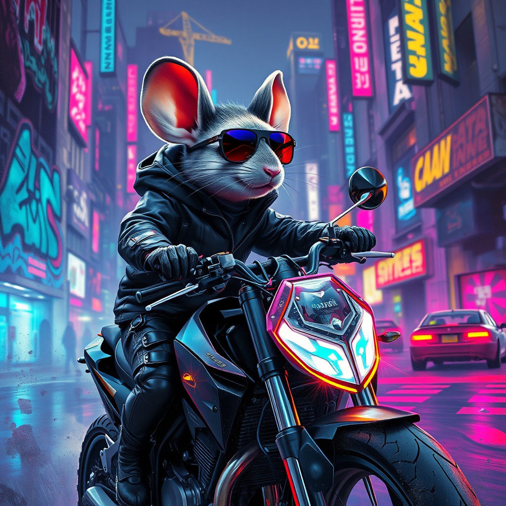 Cyberpunk Mouse Rides Neon Motorcycle Through Dystopian City
