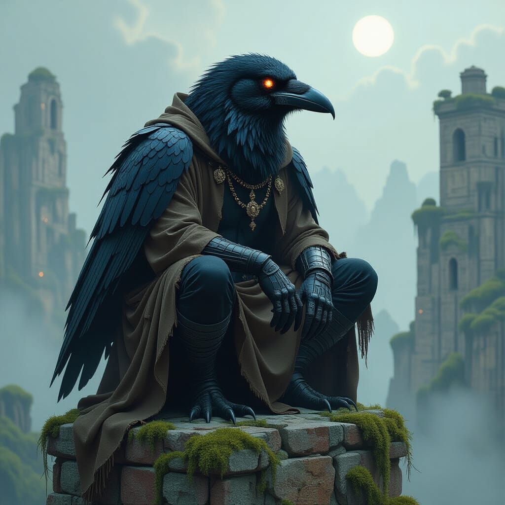 Colossal Raven-Man Hybrid on Alien Tower