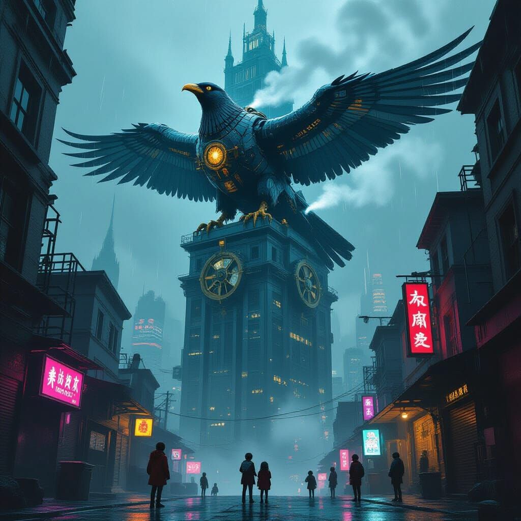 Colossal Mechanical Bird on Gothic Skyscraper in Cyberpunk C...