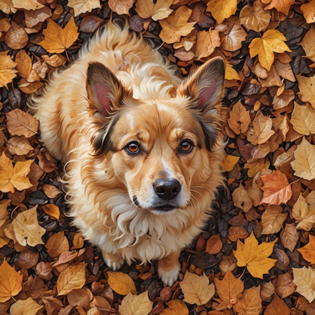 Cute Dog in Autumn Leaves, Monet-Inspired Digital Art