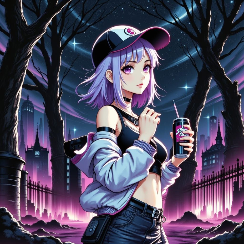 Melancholic Lady in Starlit Forest Vector Art