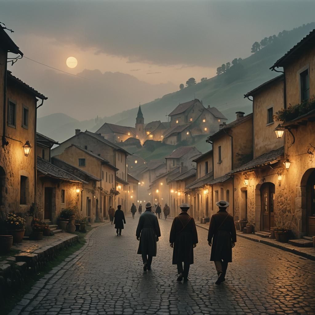 Foggy Hamlet: A Cinematic Film Still