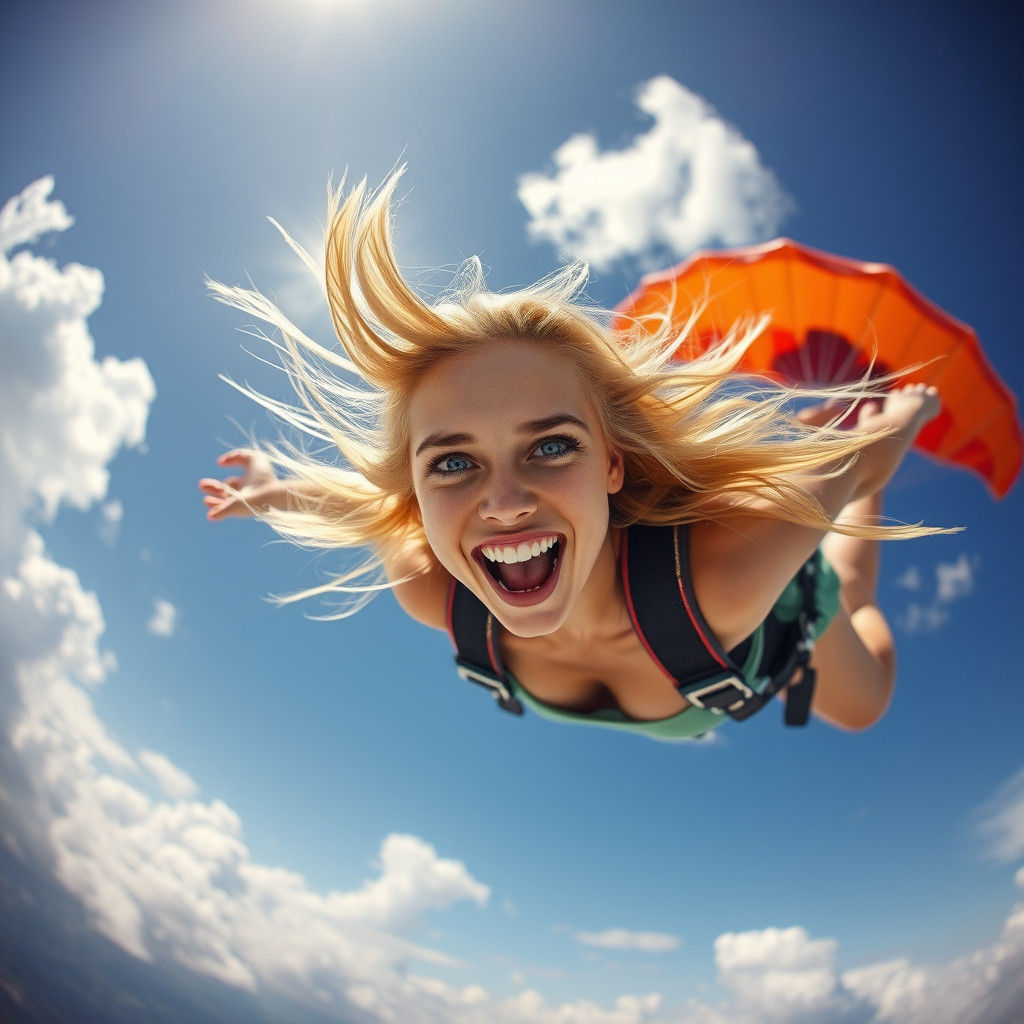 Skydiving Blonde Woman with Parachute