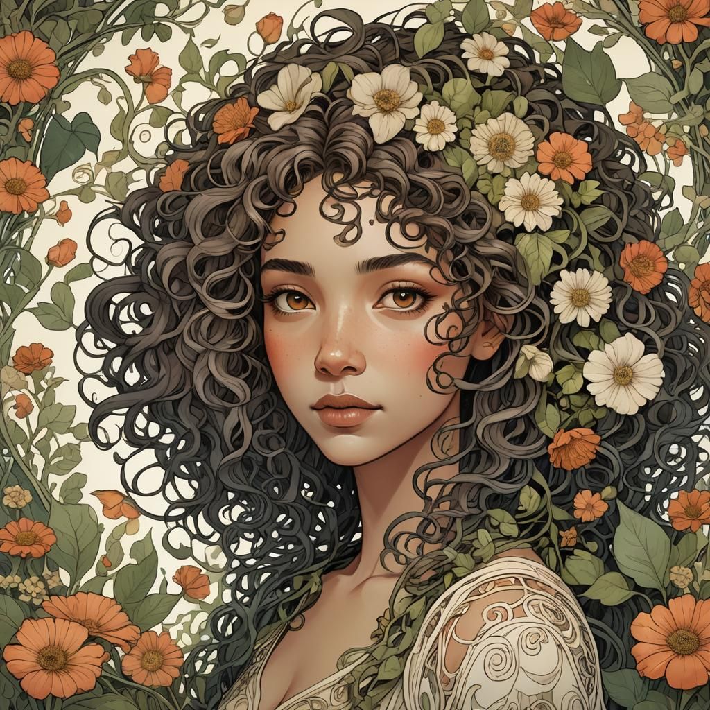 Floral Dreamscape with Tiny House, Art Nouveau Style