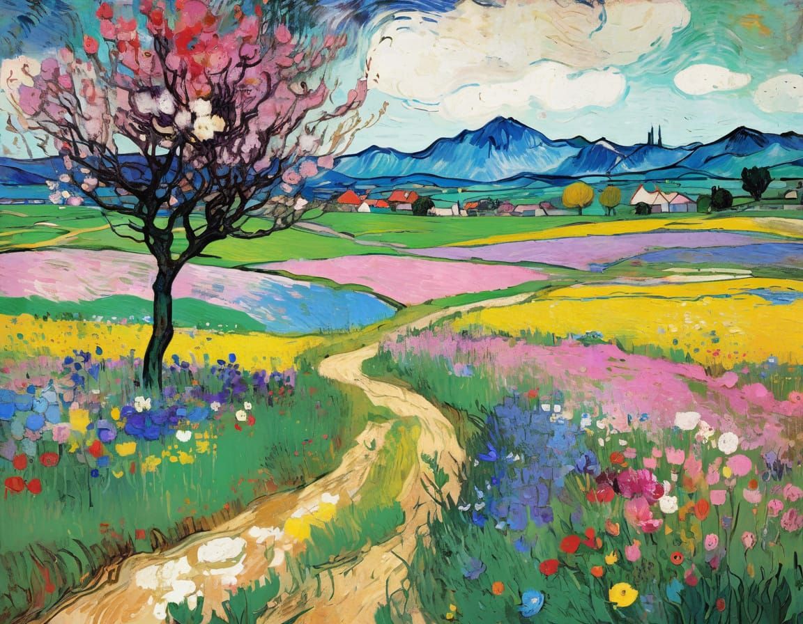 Grunge Spring Landscape in Expressive Painting Style