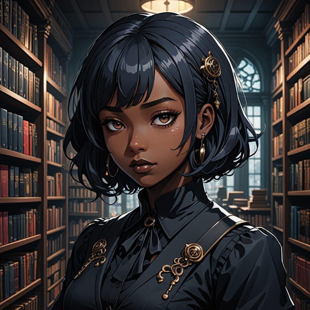 Gothic Punk College Girl in Dimly Lit University Library
