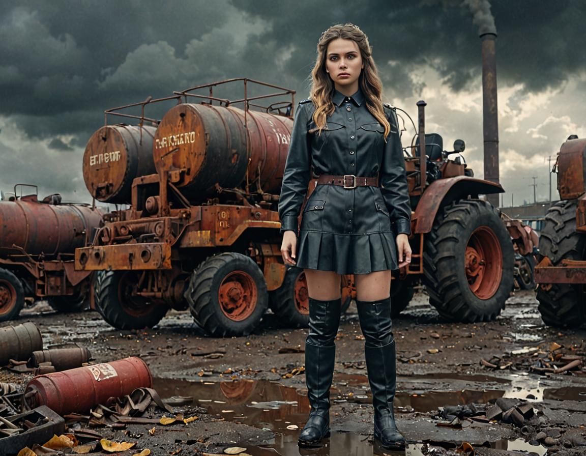 Dieselpunk Girl in Industrial Factory with Tractor