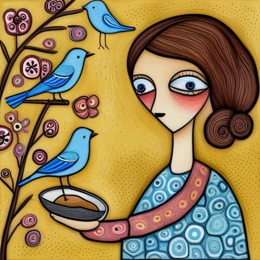 Woman Feeding Birds in Mixed Media Style