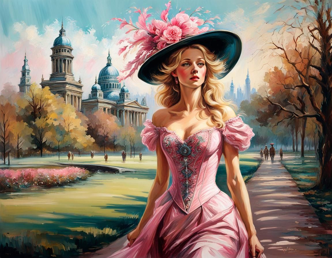 Elegant Woman in Park: Chalk Art Illustration