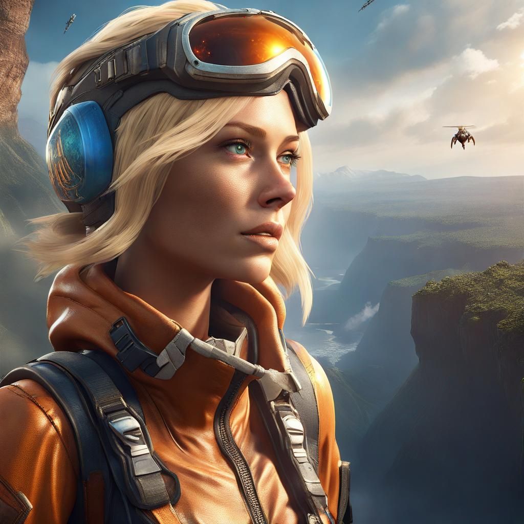 Fantasy Archeologist Skydiving on Alien World in 3D