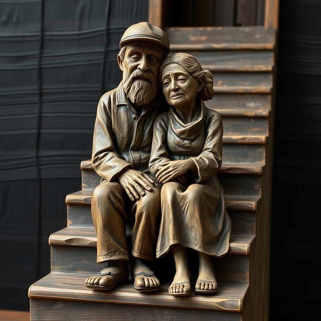 Intimate Wooden Sculpture of Elderly Couple