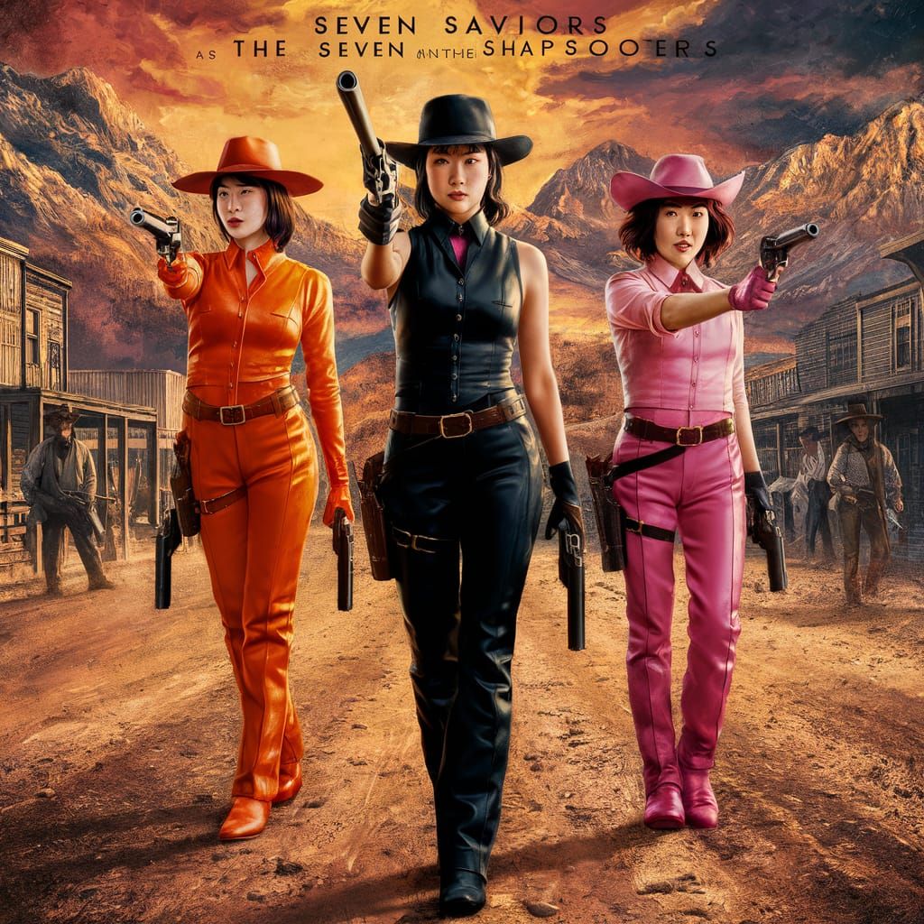 movie poster of The Seven Saviors with three Korean female sharpshooters, first one dressed in all orange, second one dr...