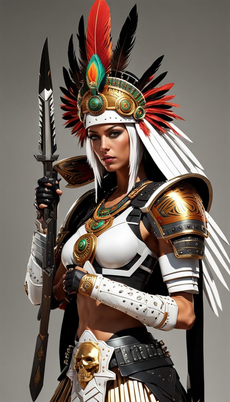 Aztec Warrior Woman in Cyberpunk Servo-Armor