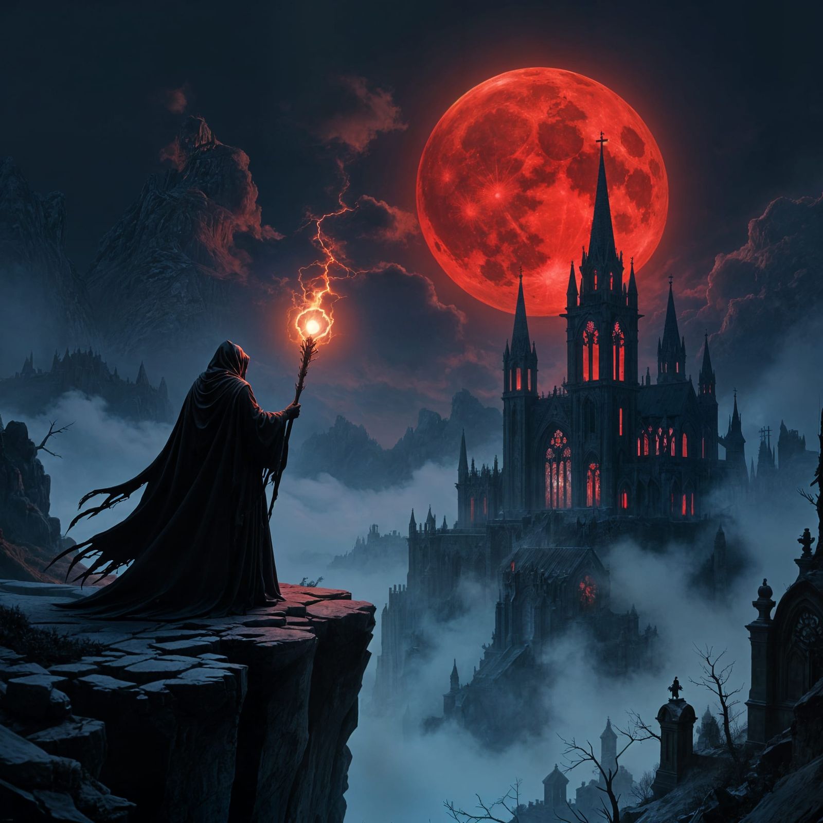 Dark Fantasy Cathedral at Midnight with Necromancer