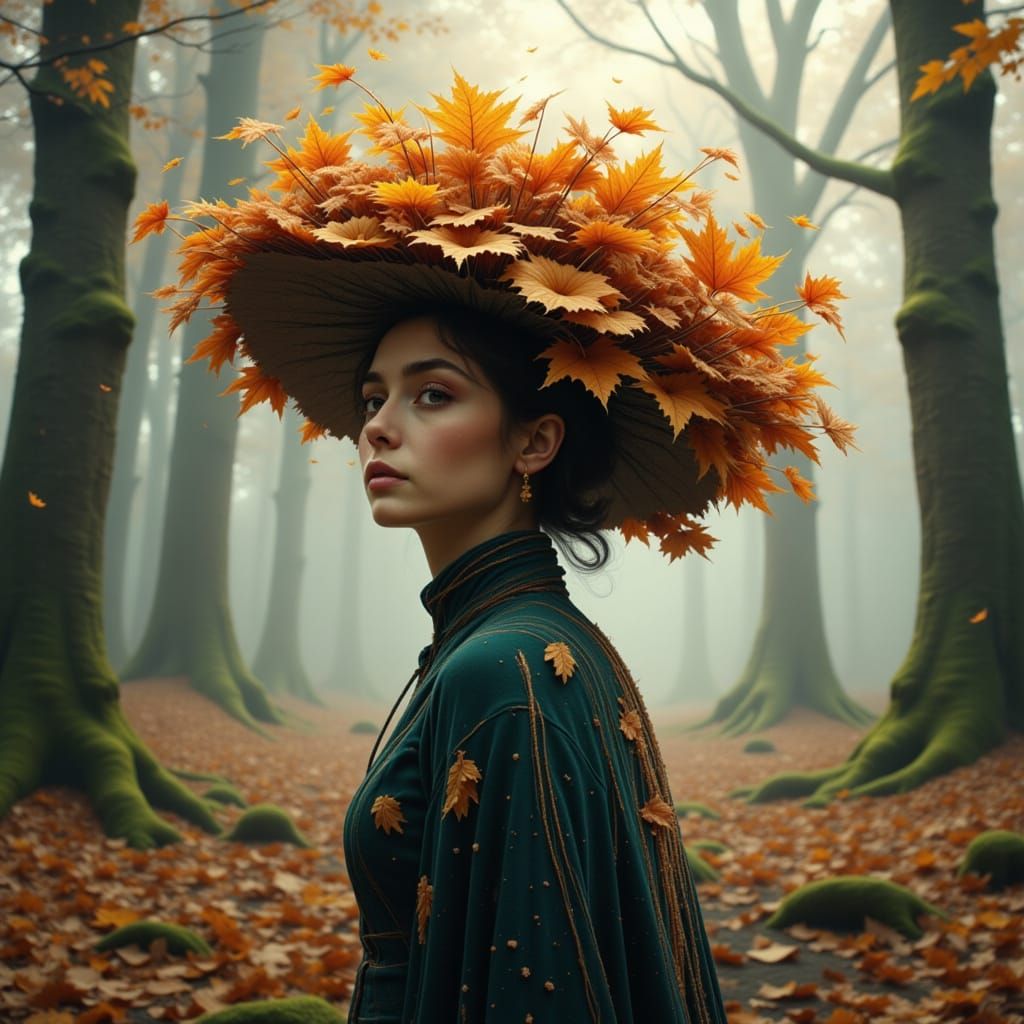 Regal Figure in Autumn Leaf Hat in Misty Forest