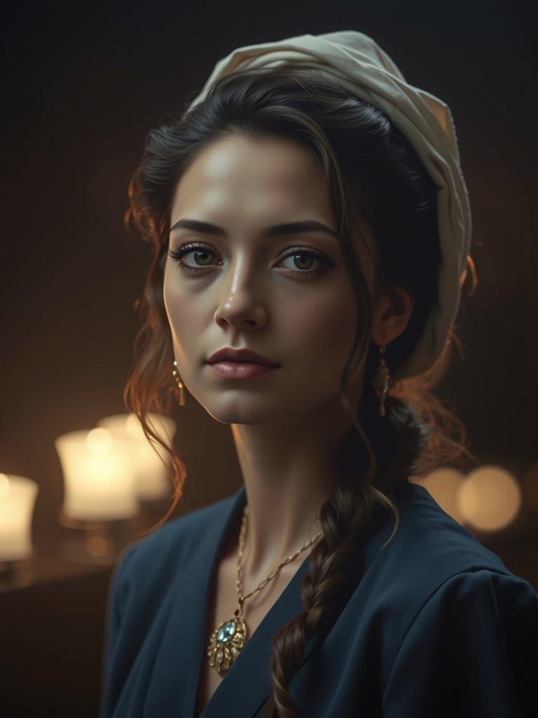 Regal Woman in Golden Accents, Rembrandt-Inspired Lighting