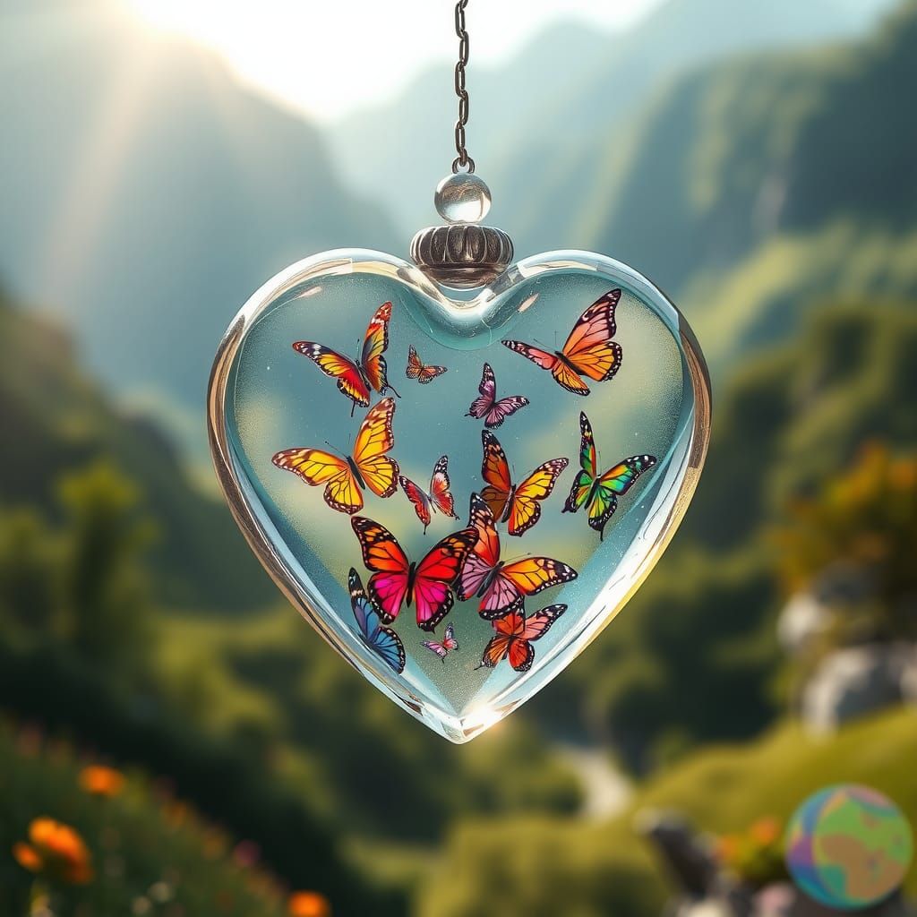 Heart Container with Butterflies in Dreamy Landscape