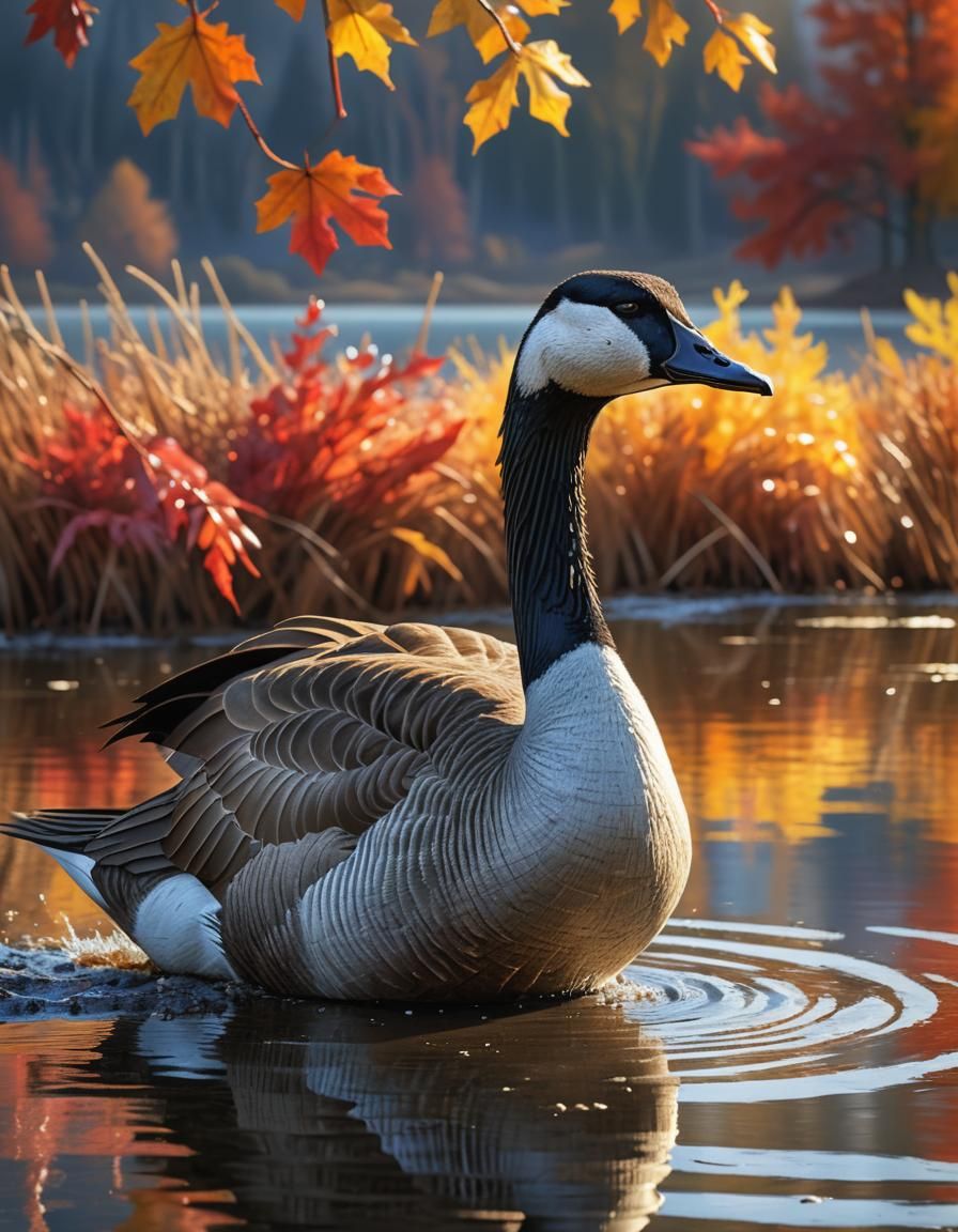 Canadian Goose Autumn Lake, Hyperrealistic Splash Art
