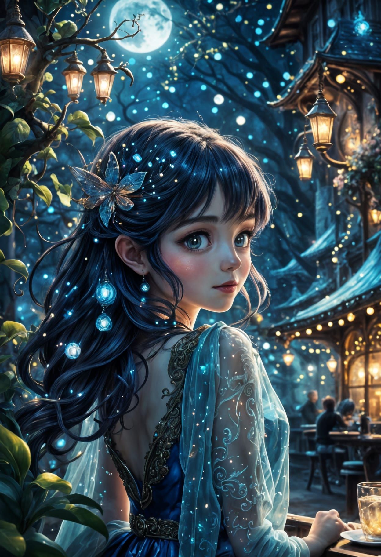 Magical Enchanted Cafe with Fairylights and Moonlit Ambiance