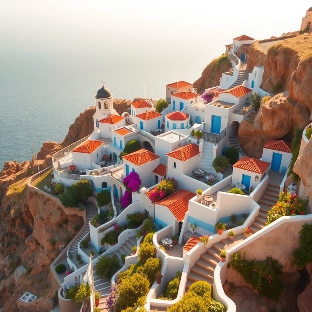 Santorini Cliffside Tavernas in Golden Light
