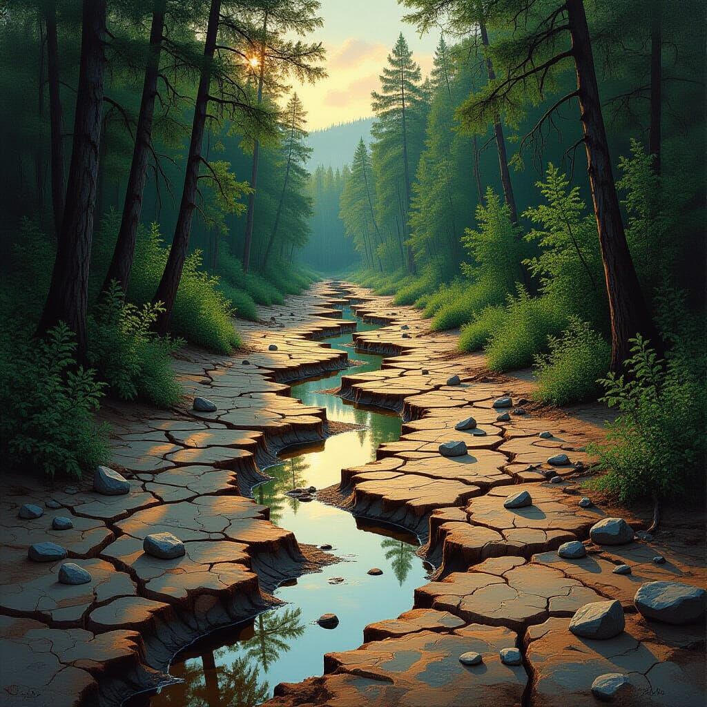 Dry Forest Riverbed Exposes Rocks and Mud