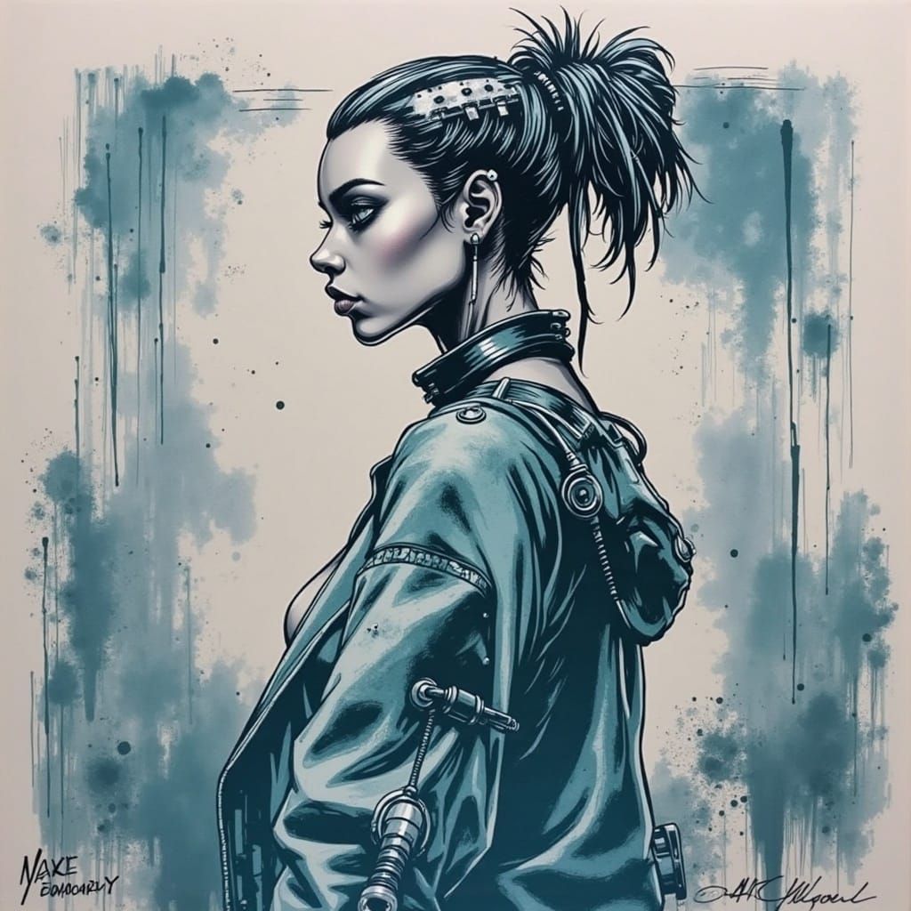 Young Cyborg Woman in Cyberpunk Style