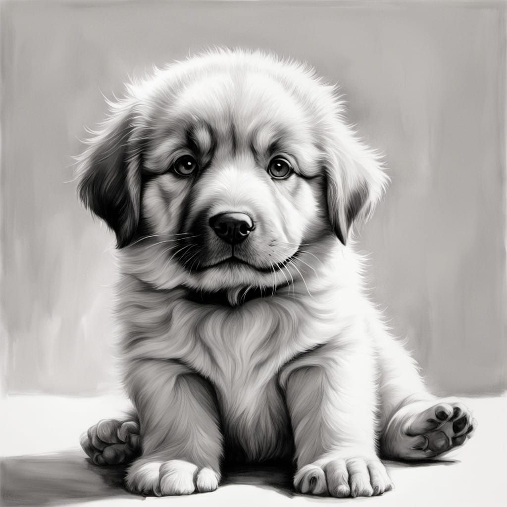 Whimsical Cartoon Puppy with Fluffy Coat and Dark Mask