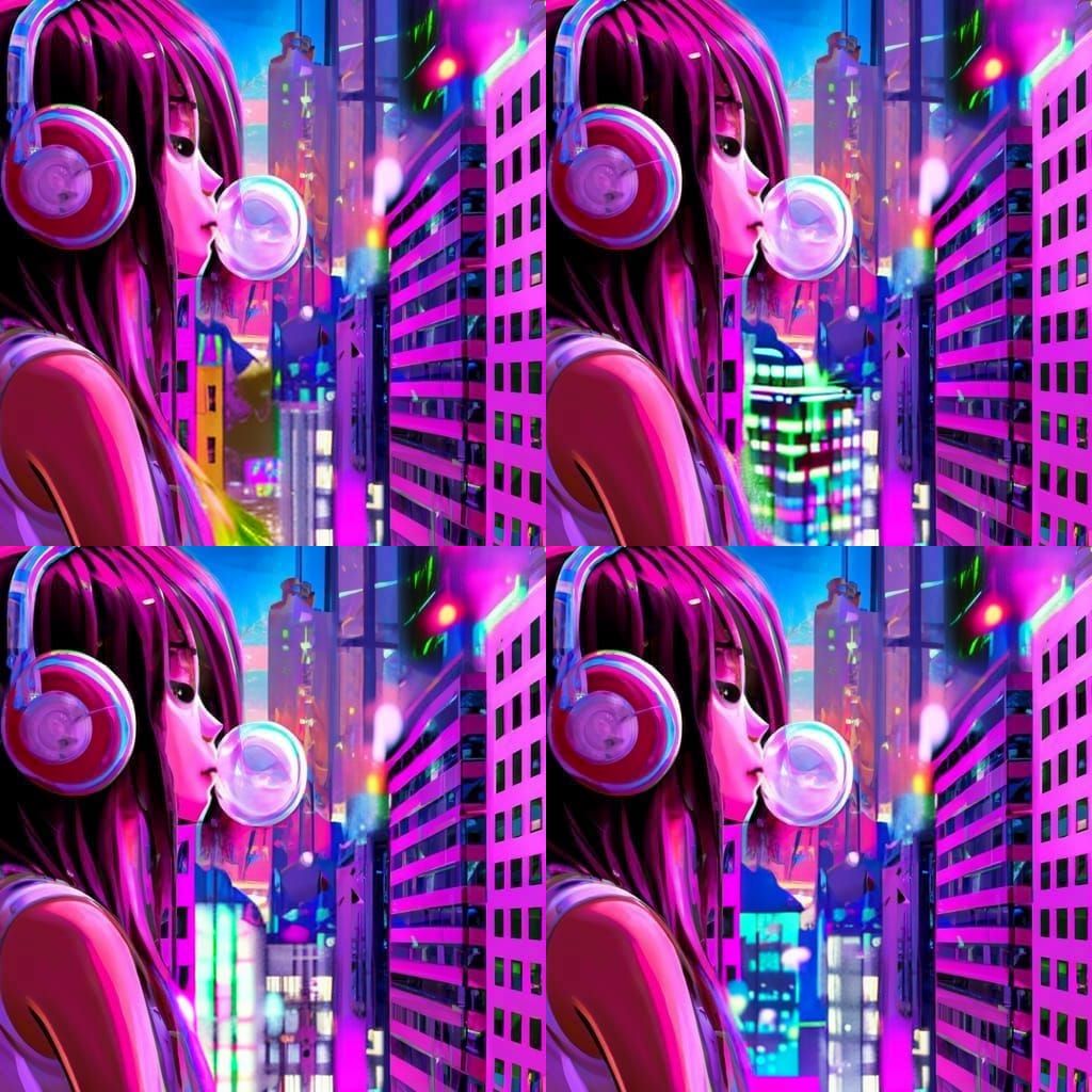 Cyberpunk Girl with Headphones in Neon City
