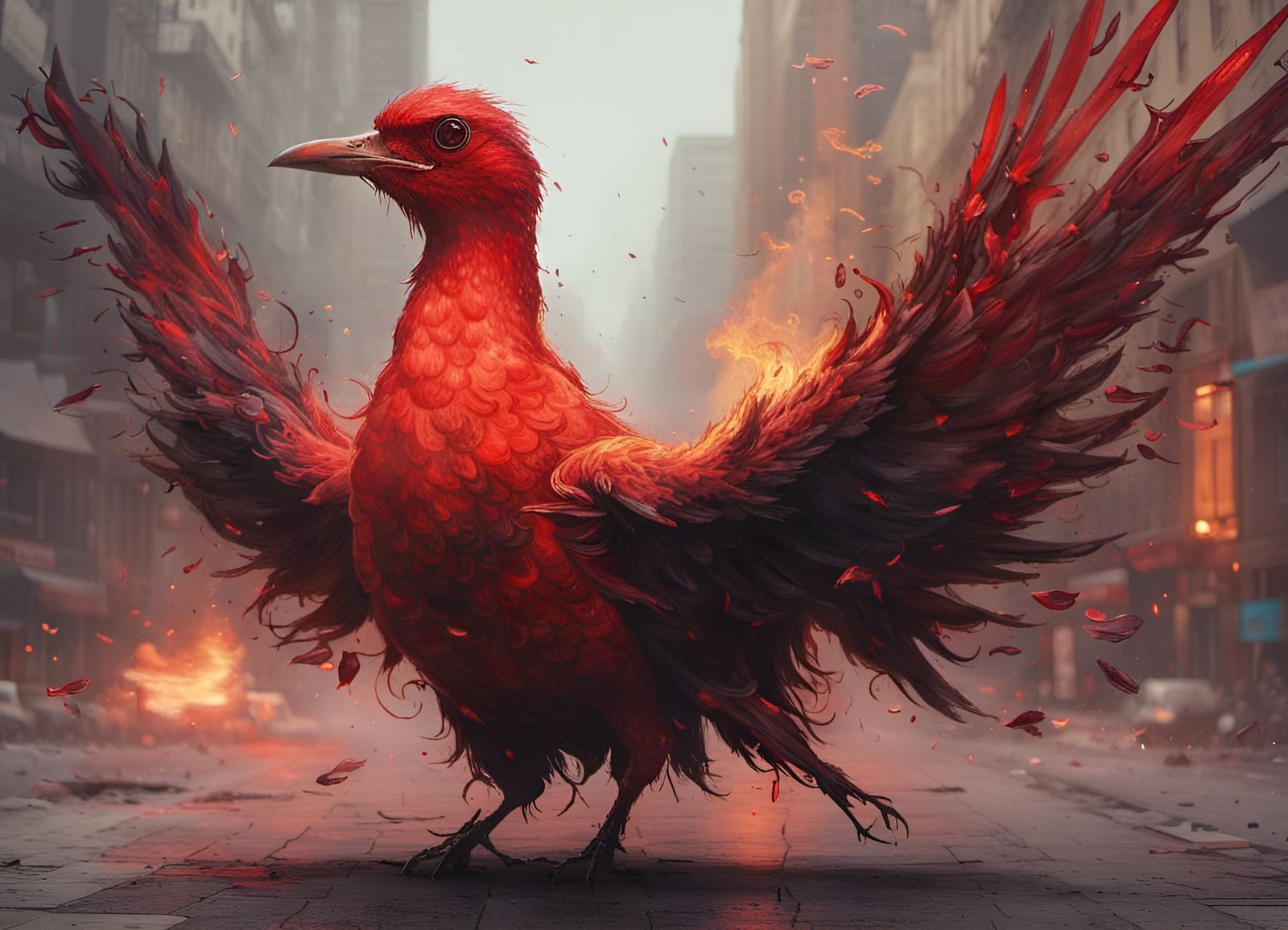 Flaming Cyberpunk Bird Portrait in Red Hues