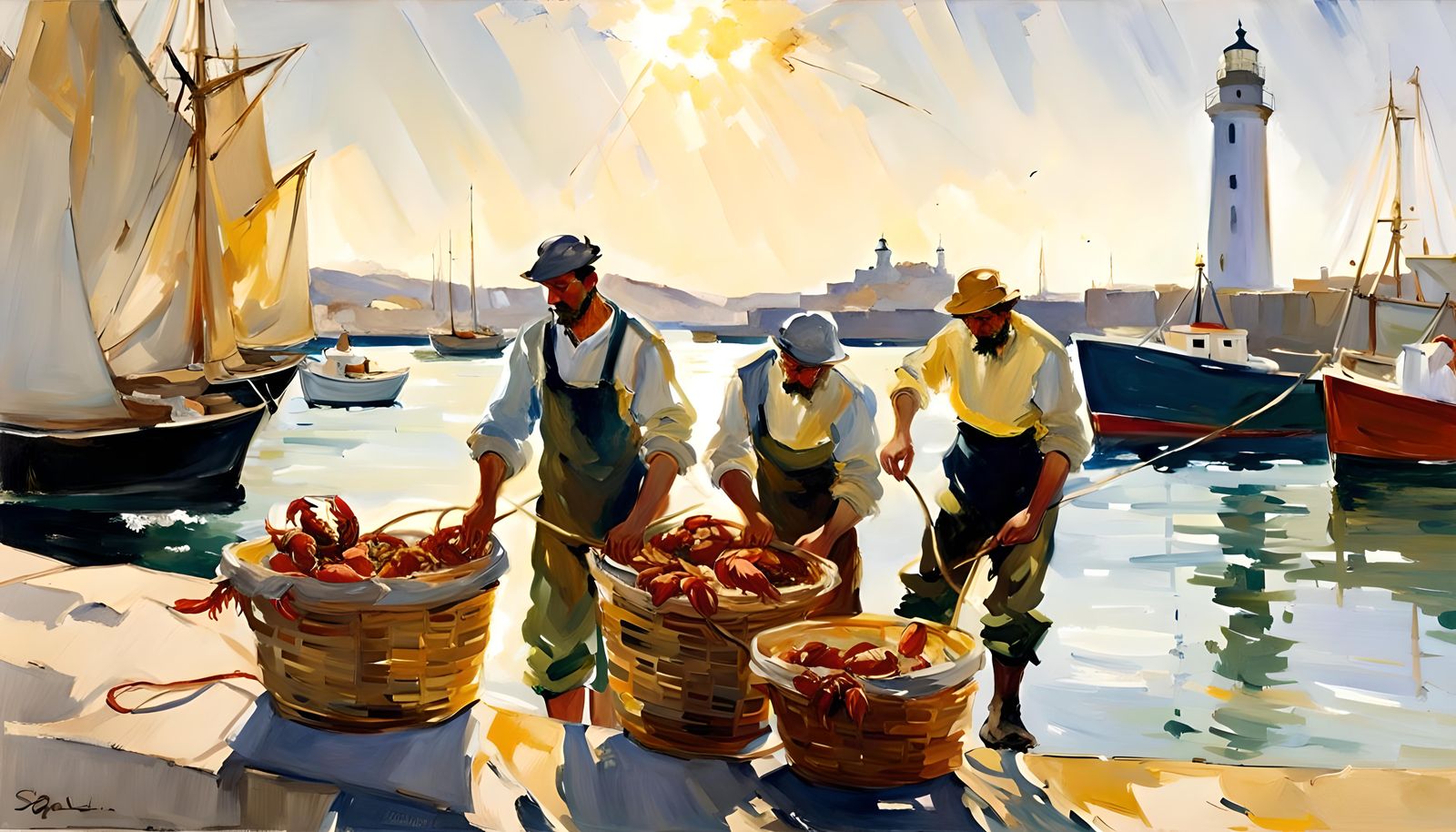 Fishermen in Spanish Harbour with Lobsters