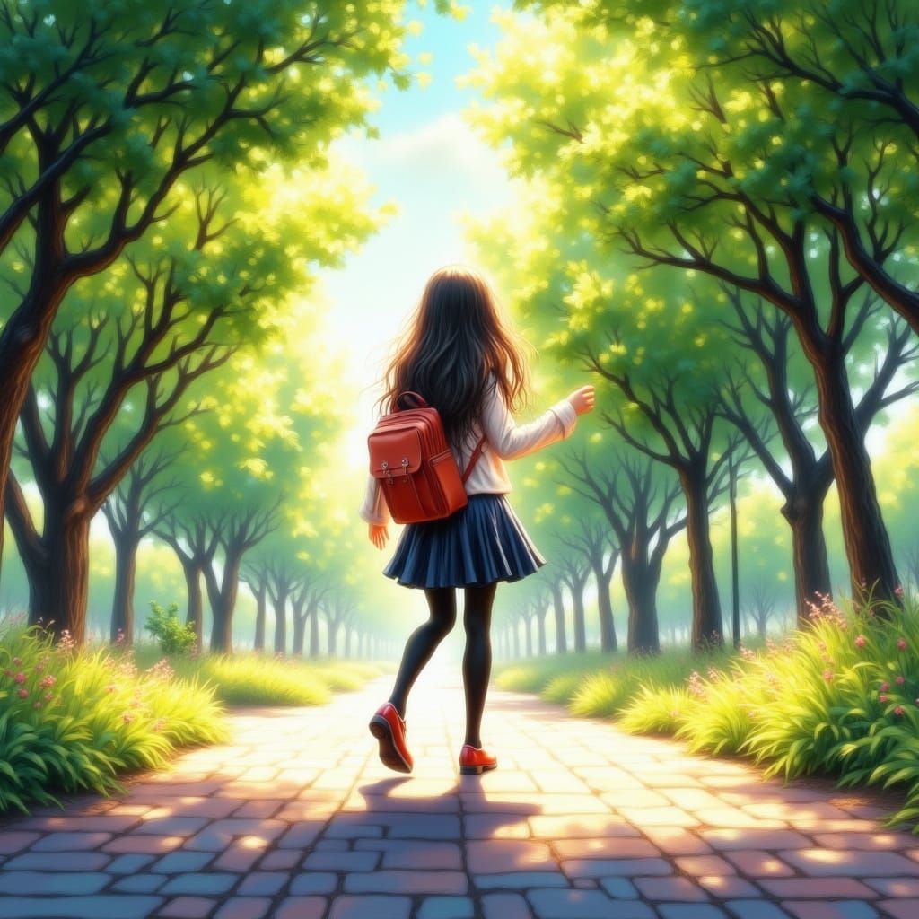 Girl in School Uniform Walks Through Sunlit Park